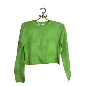 Zara Women Lime Green Floral Crewneck Light Long Sleeve Cropped Top Blouse M